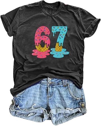 Six Seven Ice Cream Shirts for Women Ice Cream Drip Shirt Funny Six Seven Mason Graphic Short Sleeve Tee Tops(DarkGrey2,XX-Large)