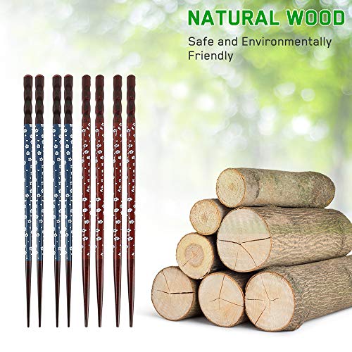 Ideashop Natural Wooden Chopsticks with Chopstick Rest Set, Reusable Japanese Style Chopsticks, 4 Pairs Cherry Blossom Pattern Wood Chopsticks Set, 23cm/9in Long, for Sushi, Ramen, Noodles, Rice