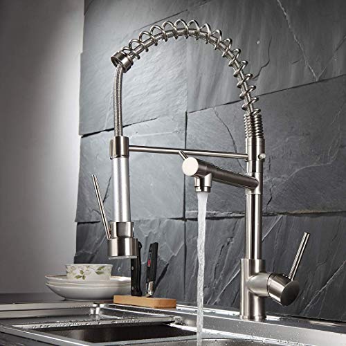 Fapully Contemporary Spring Single Handle Kitchen Sink Faucet with Pull Down Sprayer, Brushed Nickel - Thumbnail 2