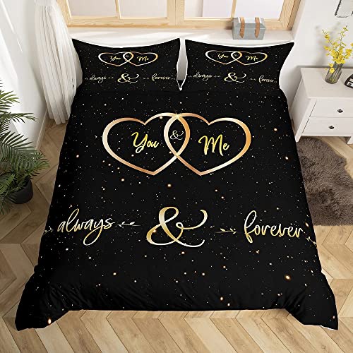 Mr Mrs Parure de Lit 220x240cm Toi et Moi Parure Housse de Couette pour Couple Amoureux Hommes Femmes Funny Quotes Housse de Couette Or et Noir Mariage...