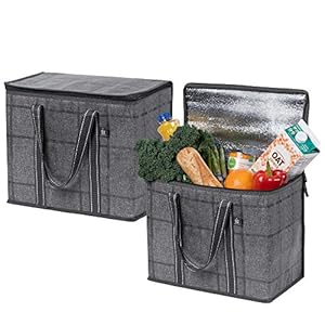 VENO 2 Pack Cooler Bag and Insulated Grocery Bags for Food Delivery, Collapsible Cooler. Reusable Shopping Bags for Groceries with Hard Bottom, Zippered Top, Foldable, Heavy-Duty (Windowpane, 2 Pack)