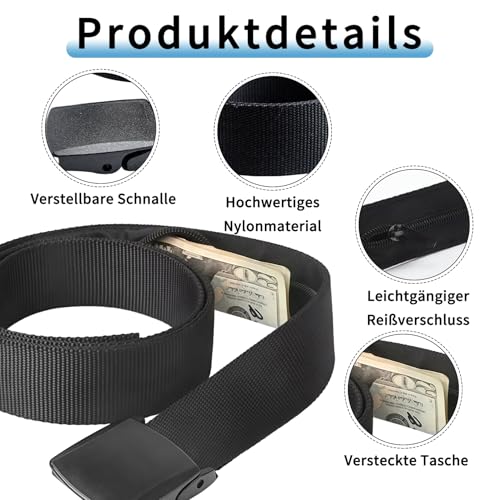 Geldgürtel Herren, 2 Stück Gürtel Mit Geheimfach, Sicherer Reisegürtel Für Outdoor-Aktivitäten Und Täglichen Gebrauch, Verstellbare Taillengröße, Frauen, Reise, Outdoor Und Diebstahlschutz (Schwarz)