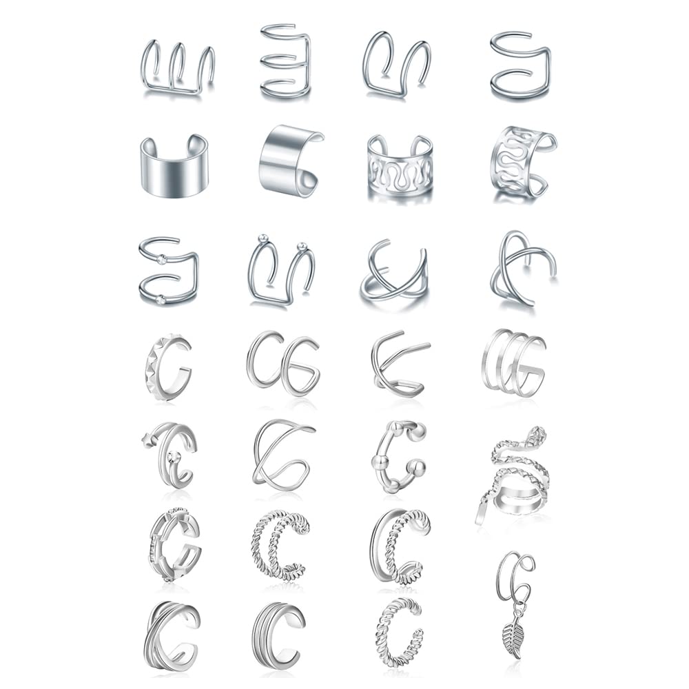 TOFBS TOFBS Clips de Oreja para Mujer y Hombre Ear Cuff Set No Piercing Ajustable Pendientes Clip Puño de Oreja Clip sin Perforación Pendientes de Cartílago Pendiente de Envoltura (27 Piezas*Plata)