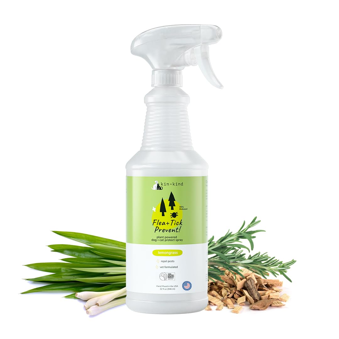 kin+kind Plant Based Flea and Tick Spray for Dogs and Cats – Essential Oil Formula with Lemongrass – Flea and Tick Prevention for Cats, Kittens, Puppies & Dogs - Pet Supplies - Family Safe – 32 fl oz