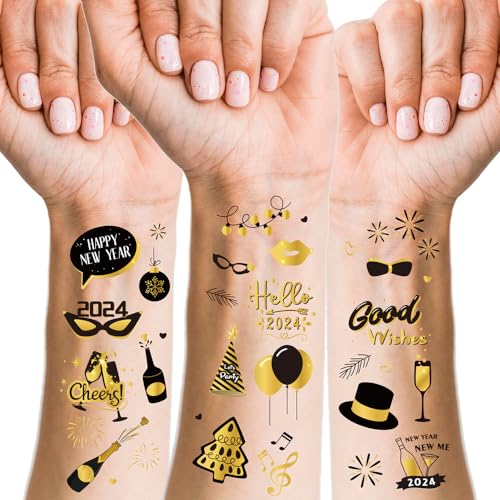 PTYQU New Years Eve Party Supplies Temporary Tattoos - 90 Glitter Styles | NYE Party Favors, Happy New Year Decorations, NYE 2024 Décor