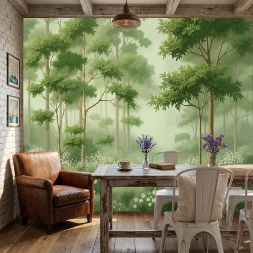 Papier peint intissé jungle brumeuse déco nature vert sauge pour chambre adulte