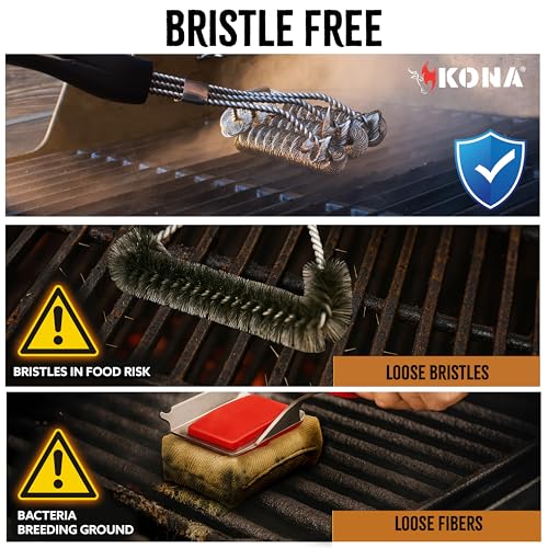 Kona Safe/Clean Grill Brush - Bristle Free BBQ Grill Brush for Outdoor Grill- 100% Rust Resistant Stainless Steel Barbecue Grill Cleaner - Safe for Porcelain, Ceramic, Steel, Cast Iron, Grilling Gift