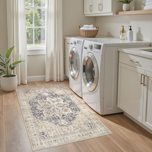 Tortania Area Rug Living Room Rugs - 3x5 Washable Rug Vintage Oriental Distressed Farmhouse Small Thin Indoor Carpet for Living Room Bedroom Under Dining Table Home Office - Cream Blue