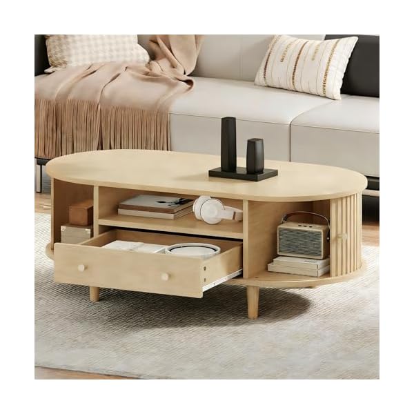 Table Basse Salon Ovale 100x50x36 cm avec Porte à roulettes et Rangement, Petite Table de Salon en Bois, Design Moderne pour Canapé et Petit Espace