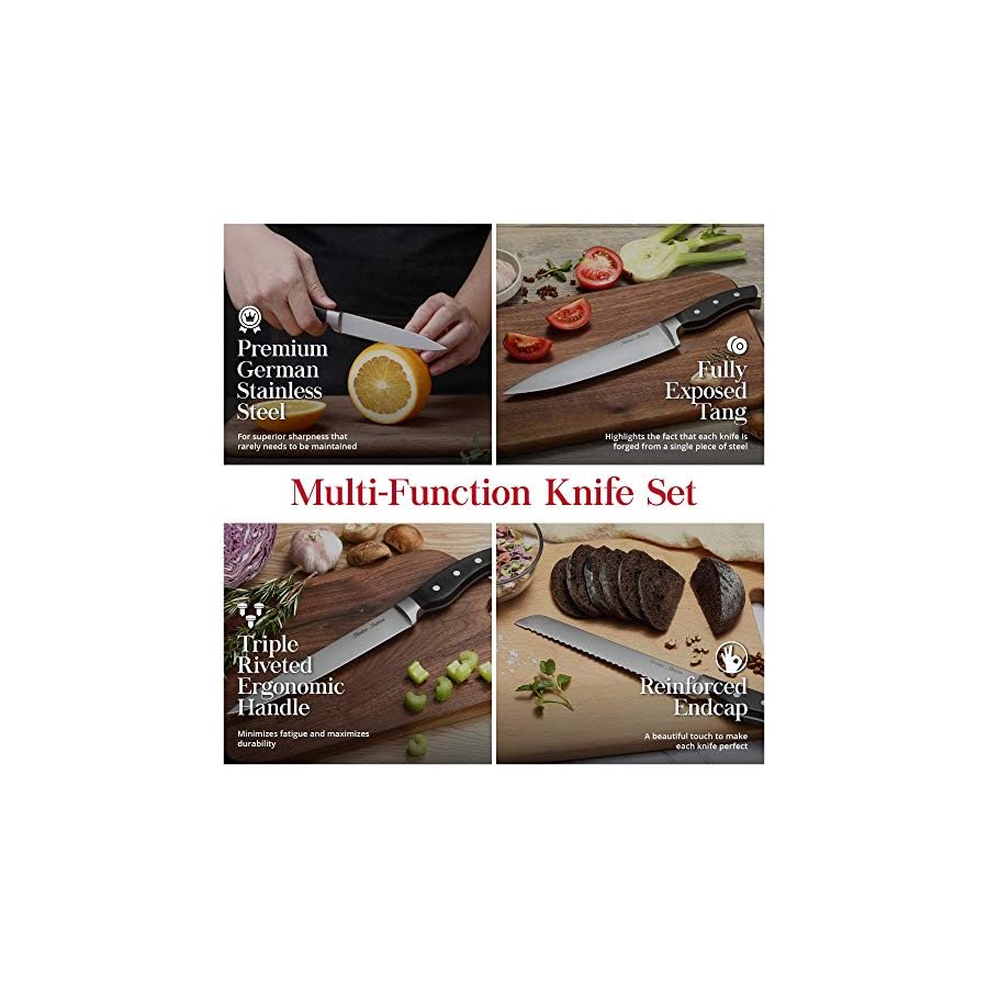 Master-Maison-7-Piece-Black-Kitchen-Knife-Set-with-Knife-Block-and-Dual-Knife-Sharpener-Stainless-Steel-Knives-Professional-Butcher-Block-Knife-Set-For-Kitchen-Chef-Knife-Sets Master Maison 7-Piece Knife Block Set - German Stainless Steel Kitchen Knife Set with 8 Inch Chef's Knife, Knife Sharpener, and Black Wooden Block - Professional Cooking Knives