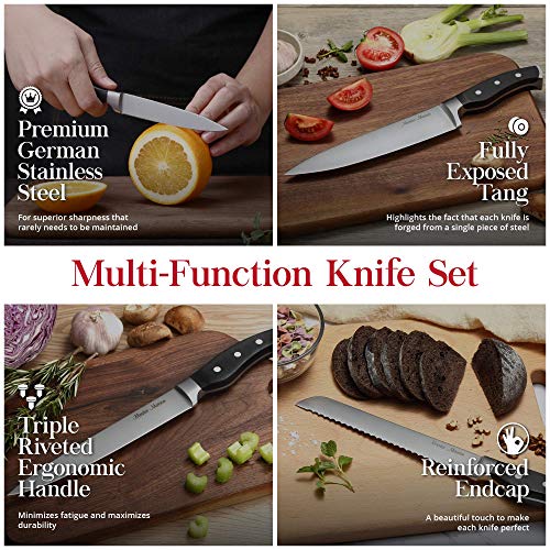 7-Piece Premium Kitchen Knife Set With Wooden Block | Master Maison German Stainless Steel Cutlery With Knife Sharpener (Black)