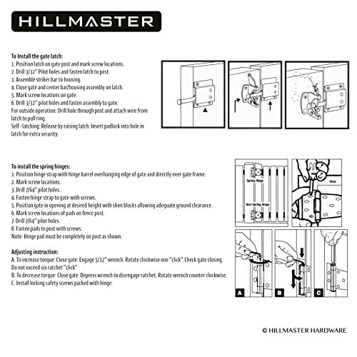 Hillmaster Heavy Duty Gate Latch Kit For Wooden Vinyl Fence, 1 Pack Self-Locking Gate Latch And 2 Pack 3.5” Spring Tee Hinges, Gate Fence Hardware Set, Black Finish #TOP4