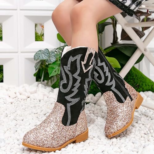 Cowgirl Boots for Girls Kids Toddler Glitter Mid Calf Western Cowboy Boots Zipper Color Block Sparkly Riding Shoes3