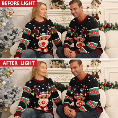 Ugly Christmas Sweater Women Men,Light Up Christmas Sweater For Couples,Funny Cute Reindeer Led Xmas Tacky Sweaters 4 Ugly Christmas Sweater Women Men