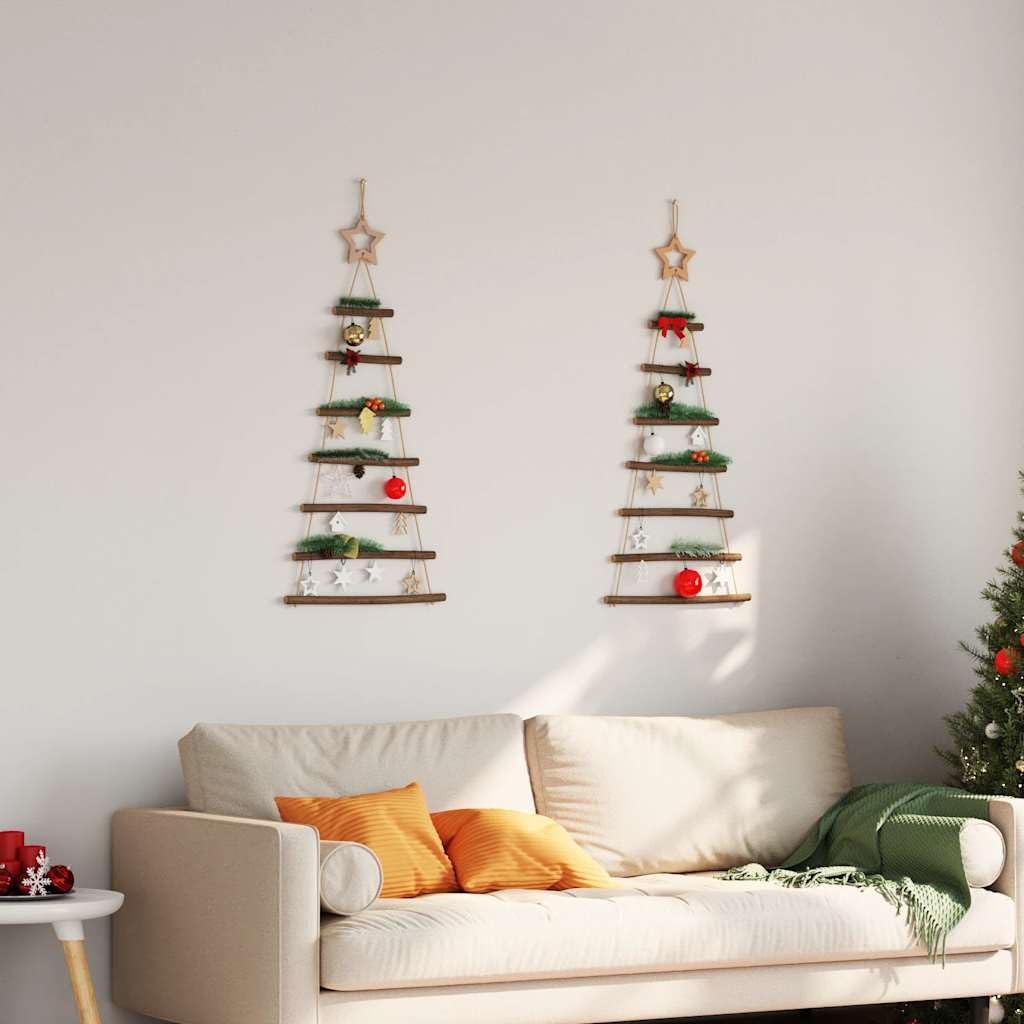 Lot de 2 arbres de Noël à suspendre en bois naturel avec étoiles en dentelle - 42 x 90 cm - Pour salon, couloir, fenêtre, balcon et décoration de Noël festive avec boules et guirlande lumineuse