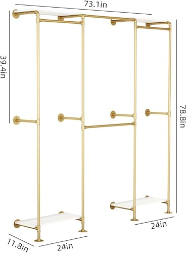 Miniatura 2 de Perchero de ropa de tubo industrial, perchero ajustable de esquina dorada con estantes, perchero de ropa montado en la pared para colgar ropa,