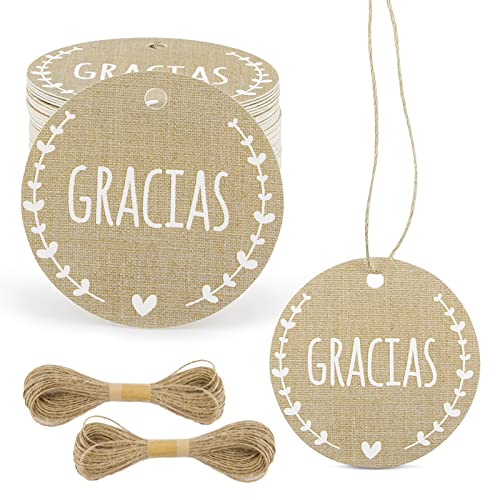 100pcs Etiquetas Gracias Español 5cm Redondas con 20metros Cuerda de Yute Etiquetas de Regalo Boda Comunión Navidad