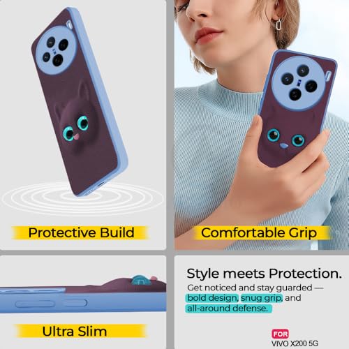 Image of AESTMO Back Case Cover for Vivo X200 5G Back Cover | 3D Cat Cover | Leather Finish | Full Body Protection | Camera Protection Back Cover for Vivo X200 5G (Purple)