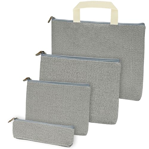 BELLE VOUS (Pack de 4 Bolsas Tela Grises con Cremallera - Set Estuche Tela Múltiples Tamaños - Organizador para Maquillaje, Cosméticos, Herramientas y Suministros de Manualidades