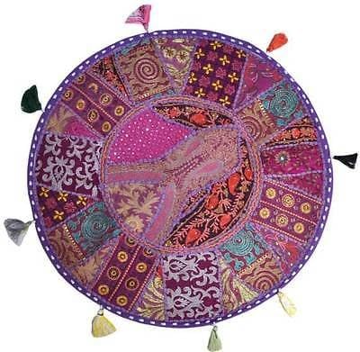 Sophia Art Round Floor Pillow Cushion Patchwork Pouf Ottoman Vintage Indian Foot Stool Bean Bag Floor Pillow Cover Home Decor Living Room Ottoman Bohemain Pillows (Purple, 32 Inch)