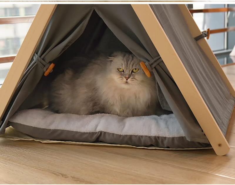 Solid Wood Cat Indoor Tent with Thick Mat,Portable Dog House Dog Teepee Tent,Dog Teepee Pet Teepee Cute Cat Teepee Cave Cat Bed,Dog Bed (Grey)