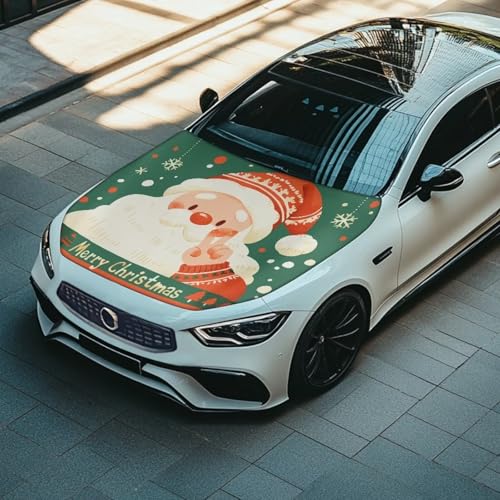 Image of Santa Claus Print Car Hood Cover Stretch Polyester Fabric Cover for Car Hood Removable Car Hood Protector Easy Installation for Car Hood Decoration and Protection