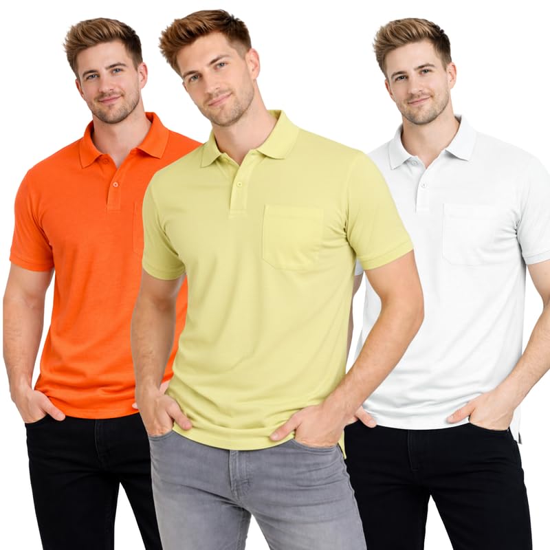 Image of SMAN Polo Neck T-Shirt Pack of 3 for Men & Boys | Half Sleeve Collar Tee with Pocket | Premium Spun Matty Fabric | Casual & Office Wear | Sizes M to 2XL | FX PO3 MCR LMN WHT