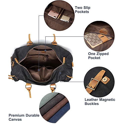 Canvas Duffel Bag,Vaschy Water-Resistant Waxed Canvas Duffle Large Leather Overnight Travel Bag with Shoe Compartment 46L Carry-on Holdall Baggage Weekend Bag