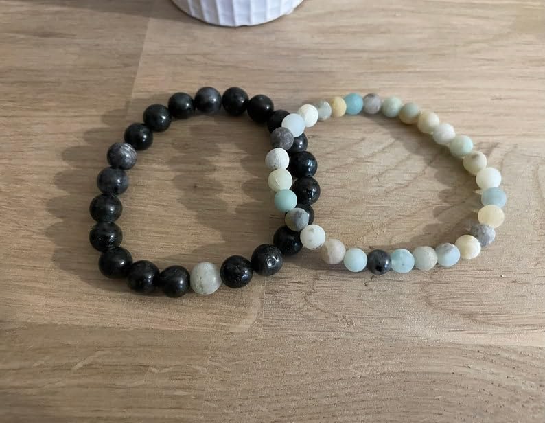 Bracelet couple labradorite amazonite perles lisses 6mm de qualité - 2