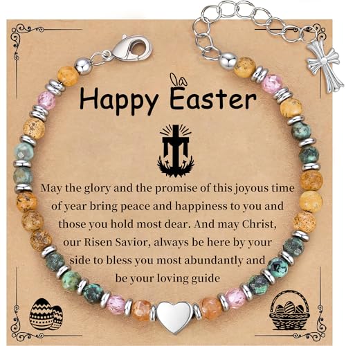 Image of Easter Basket Stuffers for Teens, Nature Stone Cross Bracelet Easter Gifts for Teens Women Adults Christian Religious Jewelry Baptism Confirmation Gift