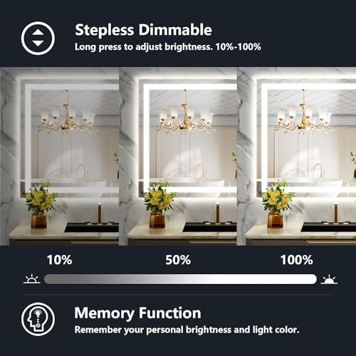 Image of 40x30 Inch LED Bathroom Mirror with Lights Front and Backlit Lighted Vanity Mirror for Bathroom Wall with 3 Colors Dimmable Anti-Fog Memory Shatter-Proof IP54 Waterproof Horizontal /Vertical