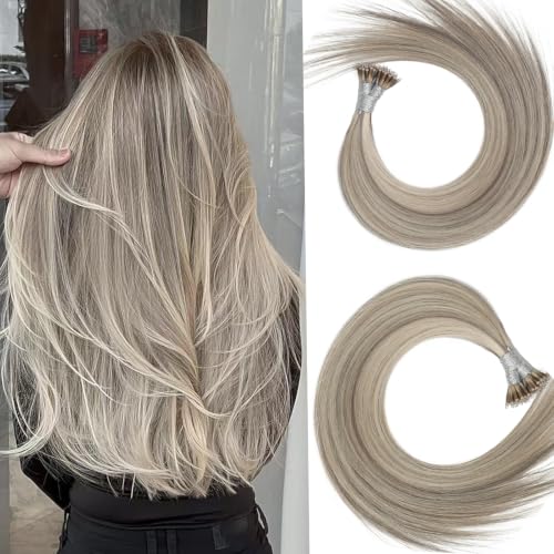 Eliysako Remy-Hair Nano Bead Hair Extensions Human Hair 18Inch 40g/pack Nano Ring Hair Extensions Human Hair Color #P60/16 Grey Brown Mix Blonde Long Straight Invisible for Women