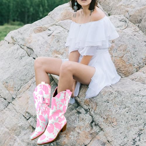 Image of Cozivwaiy Women Mid Calf Cowboy Boots Chunky Heel Half Boot Cow Print Western Boots Plus size (US 4-12.5)