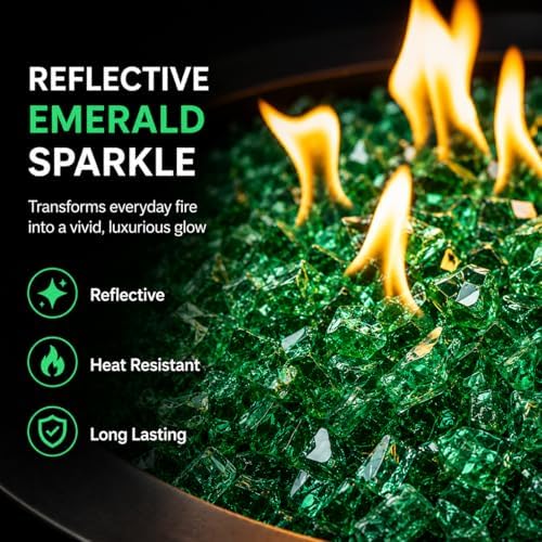 GRISUN Emerald Green Fire Glass for Fire Pit, 20 Pounds 1/2 Inch Tempered Glass Rocks for Natural or Propane Fireplace, Safe for Outdoors and Indoors Firepit Glass - 1