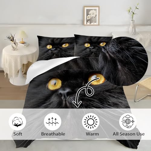 Housse de Couette Chat Persan 90x190 Parure de Lit Noir 3 Pcs