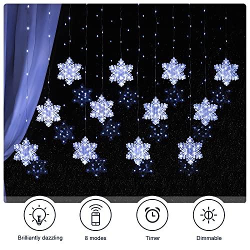 BLOOMWIN Christmas Window Lights 3 x 0.75M Snowflake Curtain Fairy Lights USB Powered with Remote 8 Flashing Modes 204LEDs Xmas Party Wedding Home Bedroom Wall Garden Ornament Decoration - Image 3