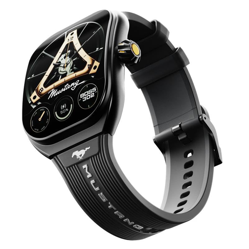 GOBOULT Mustang Muscle Smart Watch 2.01'' 3D Curved Display, Convertible Strap, Premium Metallic Crown, BT Calling, 600 Nits Brightness, AI Voice Assistant, IP68, SpO2 Monitoring (Black Fury)