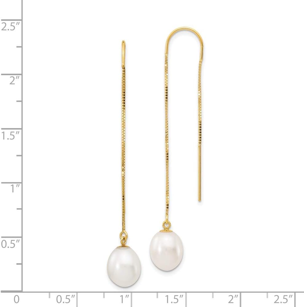 14k Yellow Gold White Rice Freshwater Cultured Pearl Box Chain Threader Earrings Fine Jewelry For Women Gifts For Her (7-8mm)