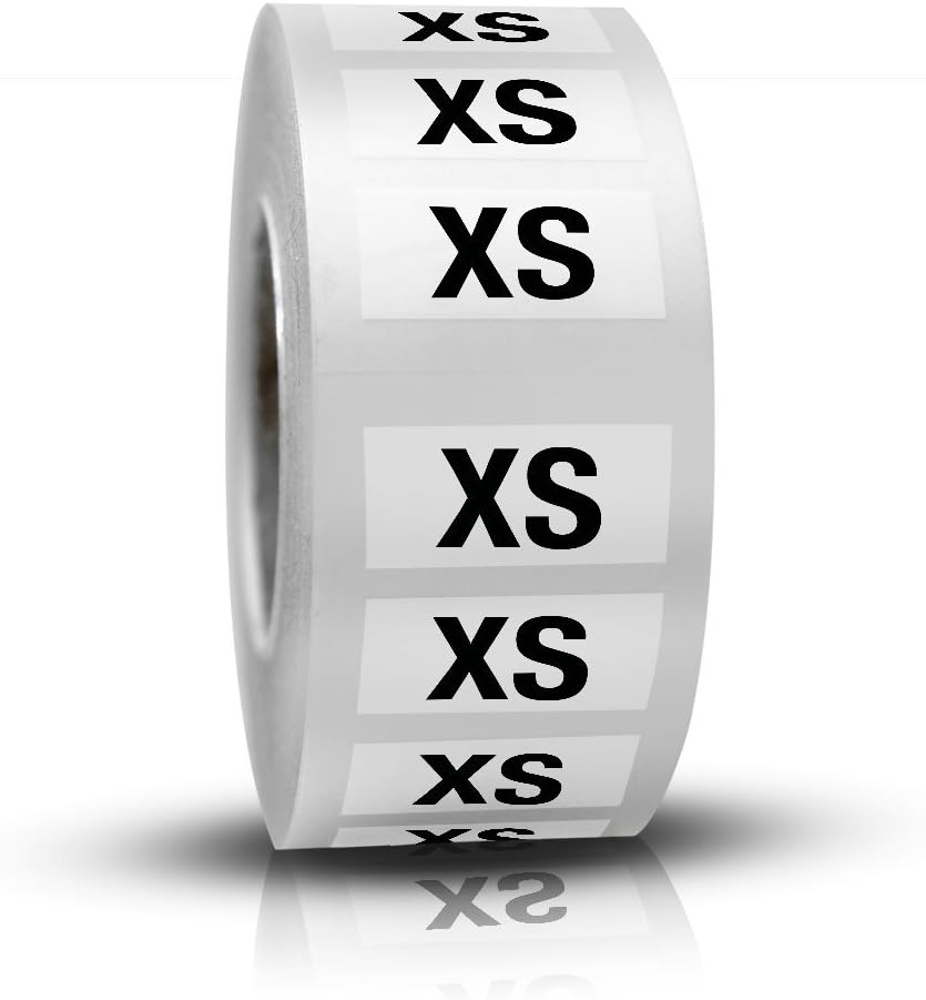 Clothing Size Labels Stickers (XS-XXL) - 6 Rolls, 500 Labels/Roll, 3000 Labels Total - Clear with White and Black Ink