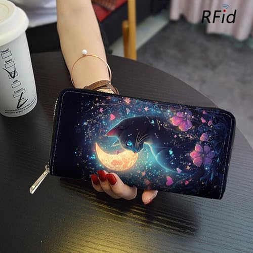 Image of RFID Blocking Leather Wallet for Women - Large Capacity Zip Around Clutch with 8 Card Slots,36 Cash Pockets & Coin Zipper,Cute Cat Flower Moon