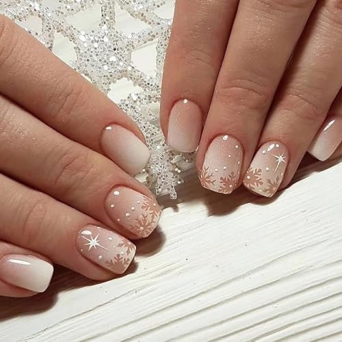 Christmas Press on Nails Short Square MABKJLF White Fake Nails