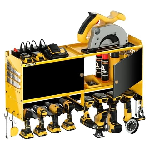 Spampur Power Tool Box with Charging Station,Power Tool Wall Cabinet Storage Cabinet with Doors and Shelves, Garage Metal Storage Cabinet with 4/6/8 Power Slots for Cordless Drill in Workshop/Shed Cover
