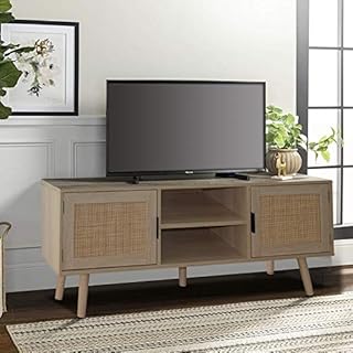 Anmytek Farmhouse Rattan TV Stand Modern Wood Media Entertainment Center Console Table for TVs up to 55 Inches with 2 Doors and 2 Open Shelves, Natural Oak, H0015