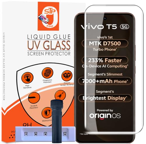 Image of STP FEEL HD+ UV Tempered Glass Screen Protector Guard Compatible For Vivo T5 5G (6.83 Inch, Pack of 1) Full Adhesive UV Curved Case Friendly HD Clarity with easy installation kit