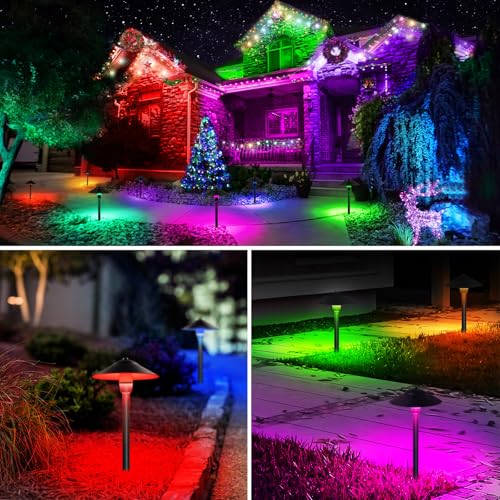 Image of SUNVIE RGBW Low Voltage Pathway Lights 3W Color Changing Landscape Lights 12-24V Multi-Color Path Lights Waterproof for Yard Garden Walkway Holiday Landscape Path Lighting ETL Listed Cord, 4 Pack