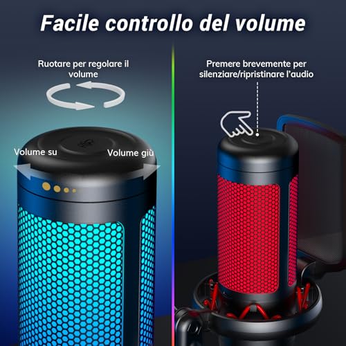Gaming Microfono, USB Mic con Supporto per Braccio, Micro a Condensatore Cardioide con RGB e Luminosità Regolabili, Mute Rapido, Controllo del Guadagno, per Streaming, Gaming TC310+ - Microfono streaming - Immagine 5