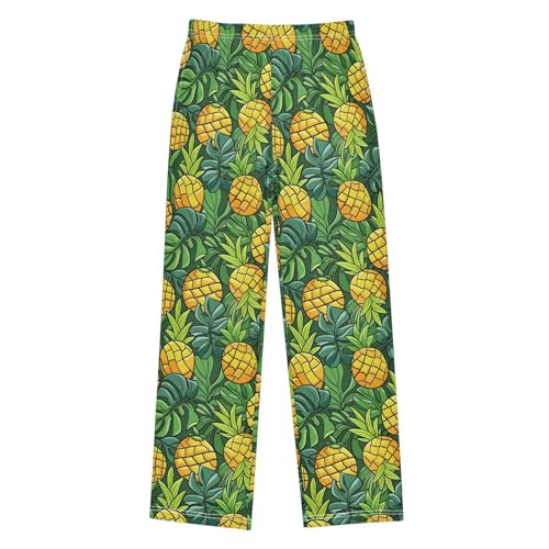 ALAZA Tropical Leaves Cartoon Pineapple Pajamas Bottoms with Pockets Comfy Pjs Sleepwear Elastic Waistband Pajamas Pants Lounge Pants for 6-14 Years