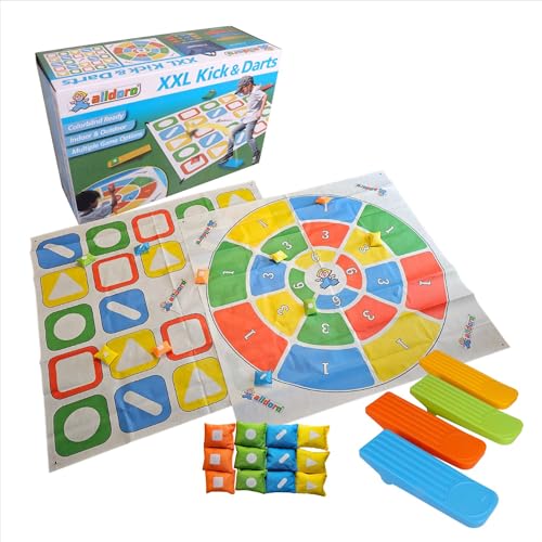 alldoro 60058 XXL Kick & Darts Spiel, 2-in-1 Wurfspiel mit 2 Spielfeldern 160x160 cm, inkl. 12 Säckchen, 4 Katapulten & Tragetasche, Indoor & Outdoor