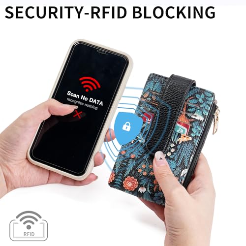 Image of GOIACII RFID Slim Card Holder Wallet with ID Window Thin Bifold Wallet for Womens Zipper Coin Pocket Little Deer Print