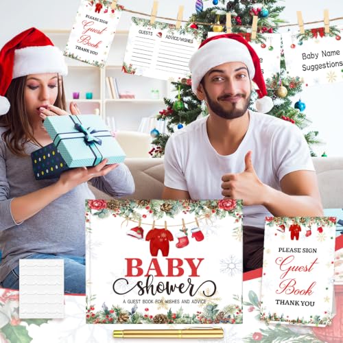 Image of Fuyoooo 27 Pcs Christmas Baby Shower Guest Book Gold Pen Photo Corner